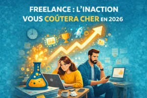 2 freelances qui se posent des questions avec une flèche au dessus