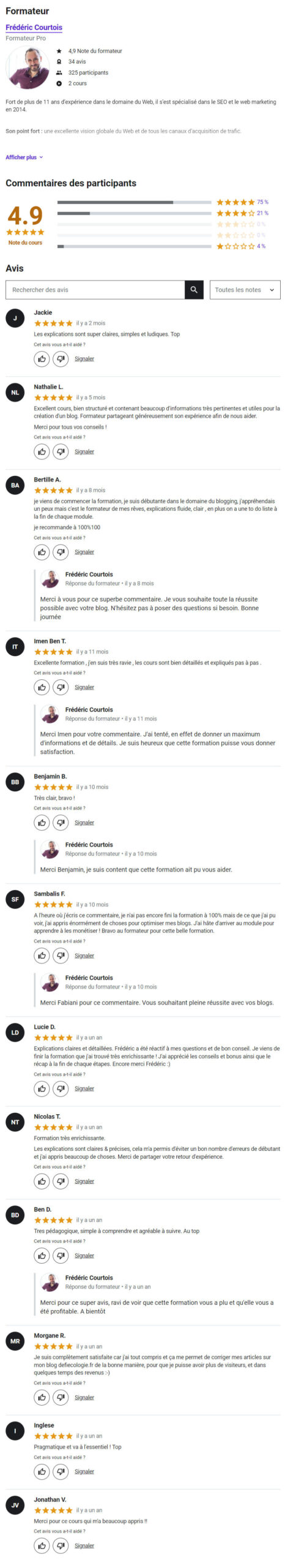 les avis Udemy sur ma formation blogging