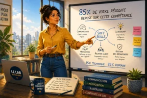 une freelance devant un tableau blanc